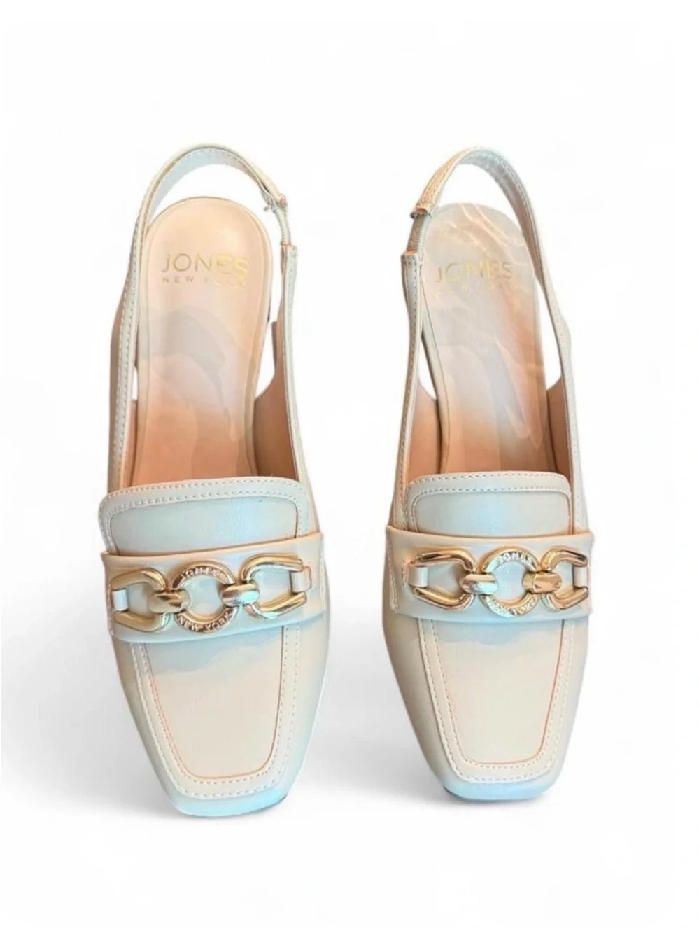 Jones New York Cream Slingback Mules with Gold Chain